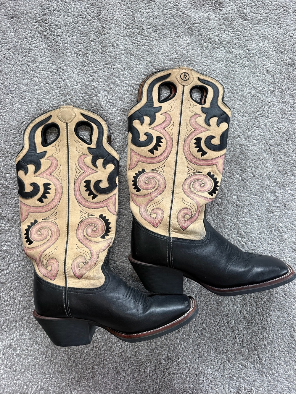 Classic Two-Tone Women's Western Boots - Black and Beige with Pink Accents